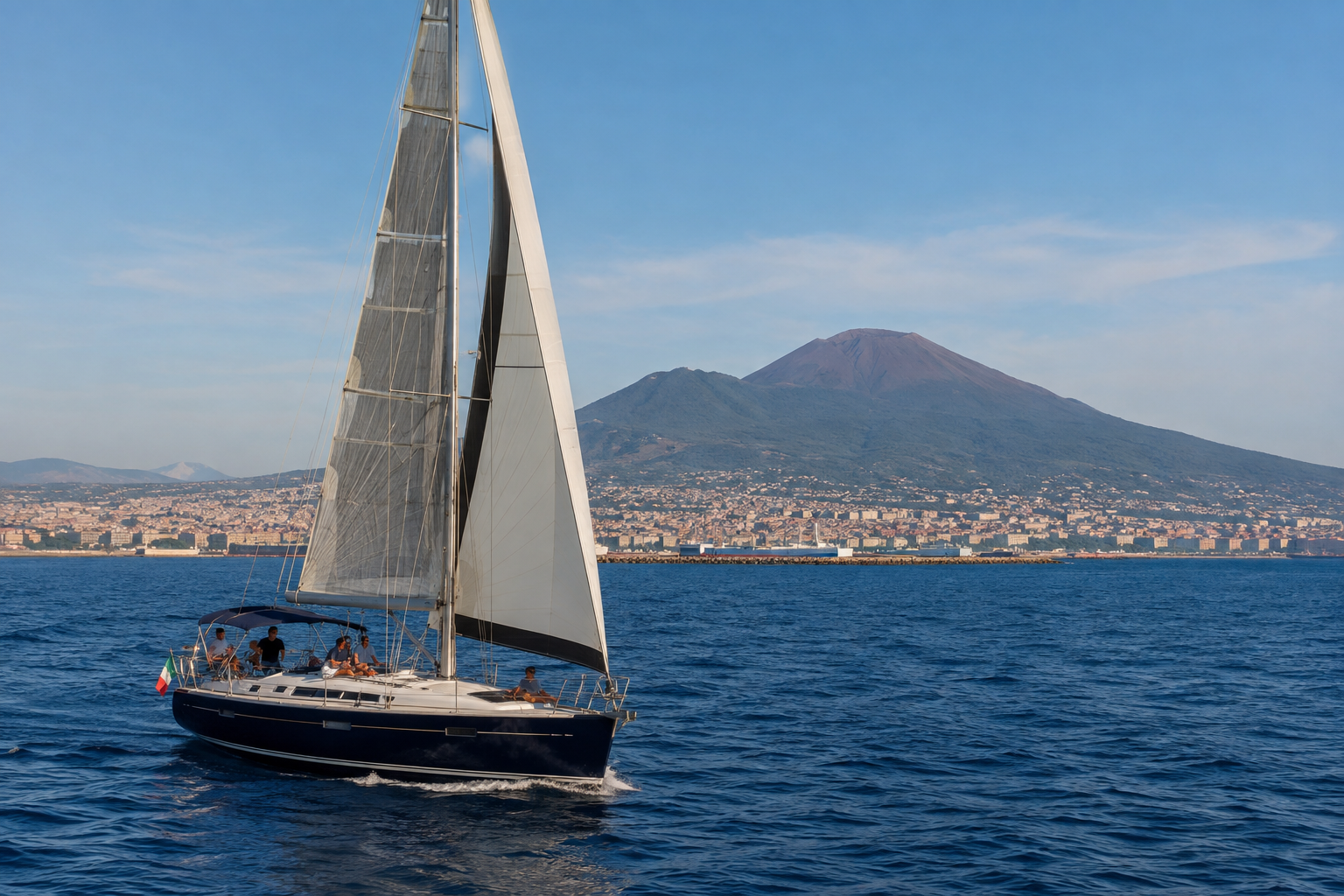 Barca a vela turistica nel Golfo di Napoli con il Vesuvio sullo sfondo