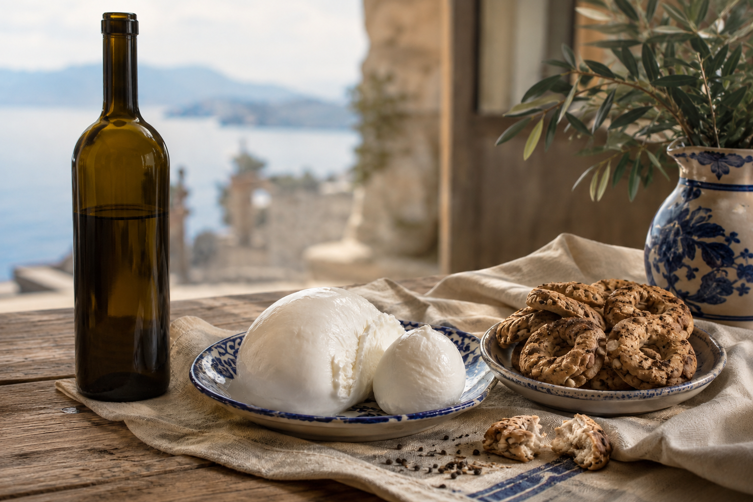 Mozzarella, taralli napoletani nzogna e pepe e vino campano