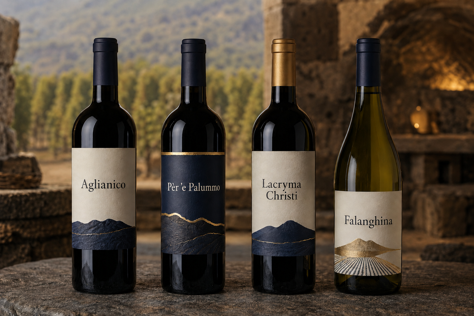 Bottiglie di Aglianico, Pèr 'e Palummo, Lacryma Christi e Falanghina